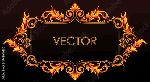 Elegant vintage ornate frame with golden floral swirls on dark background, vector design