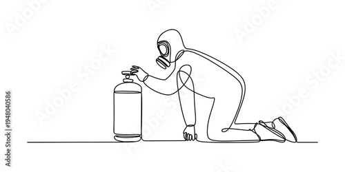 Continuous line drawing of a person in protective gear working with a hazardous gas tank.