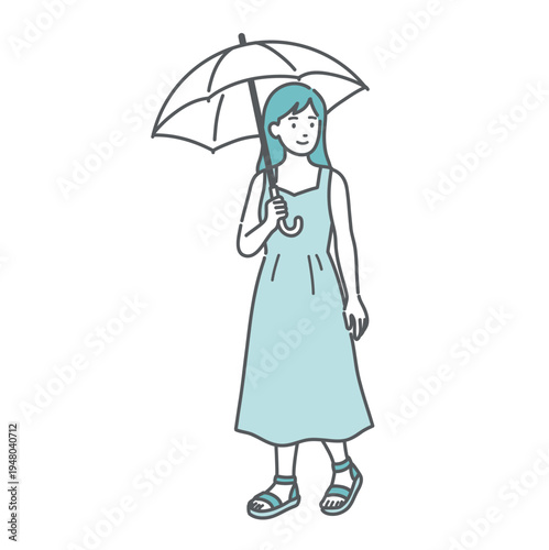 日傘をさして歩く女性のイラスト（熱中症・紫外線対策）