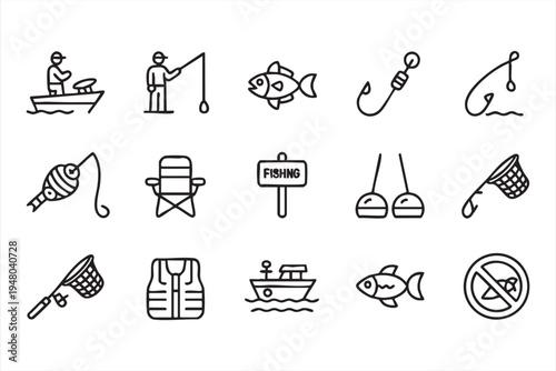 Fishing hobby icon pack with fish rod reel boat lure tackle box and outdoor recreation symbols