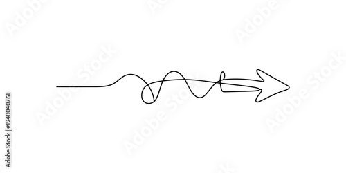 Continuous line drawing of a tangled arrow pointing right representing chaos and direction
