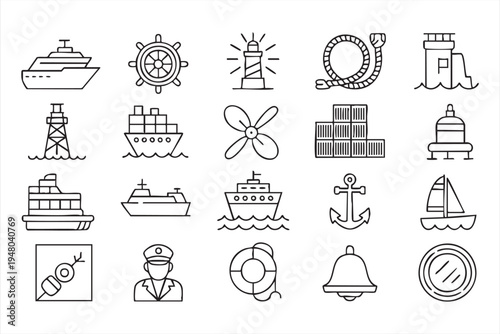 Maritime transport outline icon collection with ship anchor lighthouse cargo container and sailor elements
