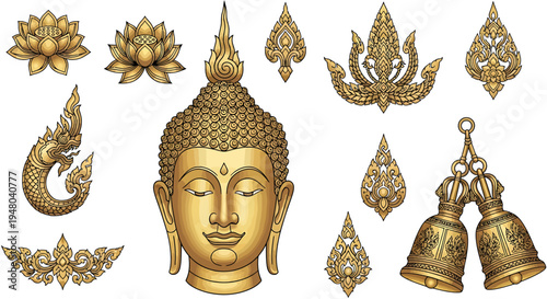 Collection of Thai-inspired golden Buddhist ornaments and decorative elements