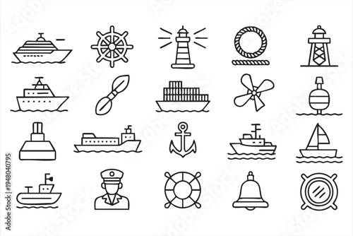 Nautical navigation icon set with lighthouse anchor helm ship rope and marine transport symbols