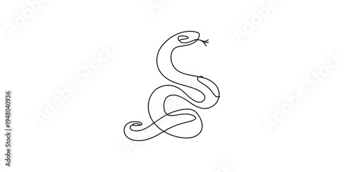 Minimalist continuous line drawing of a coiled snake with its tongue out on a white background.