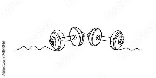Continuous line drawing of two dumbbells for fitness and weightlifting on a white background