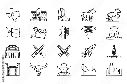 Western cowboy icon set with texas state horse boots cactus sheriff star and desert culture symbols