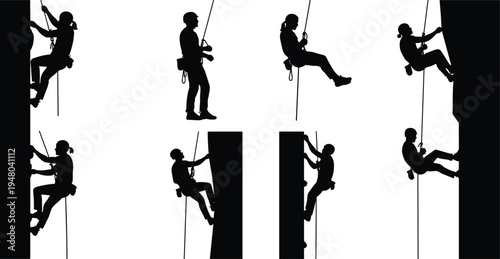 Black silhouettes of rock climbers abseiling and rappelling on steep cliffs isolated on white background for adventure and extreme sports