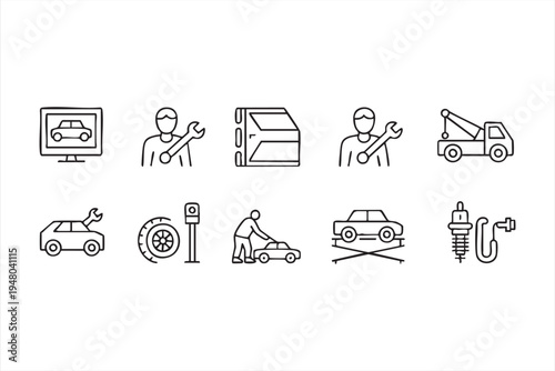 Auto repair garage icon set with mechanic tools car maintenance towing and automotive service symbols