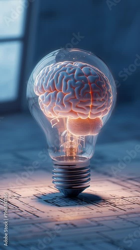 Creative conceptual image of a glowing brain inside a transparent light bulb symbolizing innovation and intelligence.