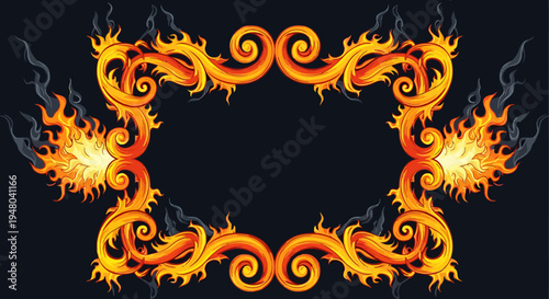 Fiery decorative frame with intricate swirls and flames, perfect for adding a touch of intensity and style