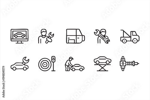 Vehicle maintenance line icons with car repair mechanic wrench inspection and suspension service symbols