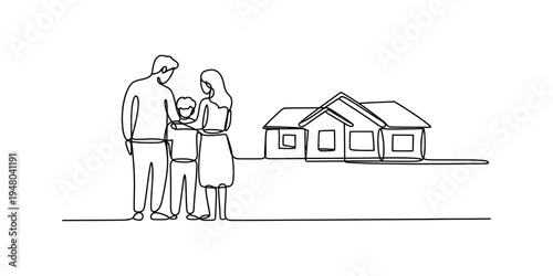 Continuous line drawing of a happy family standing together in front of their modern house