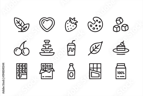 Bakery sweets outline icon set with cake chocolate candy sugar cubes and dessert symbols