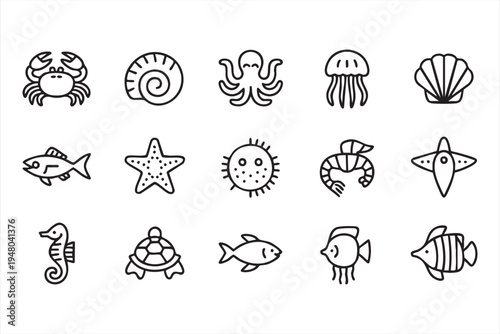 Ocean life outline icon collection with crab shell octopus starfish shrimp and marine animals
