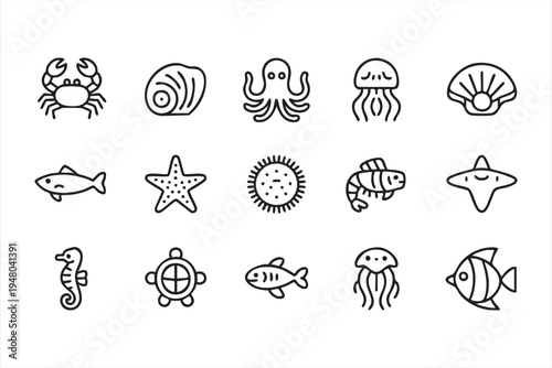 Sea creatures line icons with octopus jellyfish turtle fish starfish and ocean wildlife elements