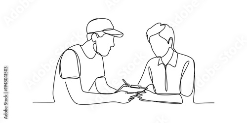 Continuous line drawing of a delivery man getting a signature on a clipboard from a customer.