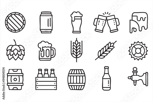 Beer brewing line icons with mug bottle barrel hops wheat and brewery equipment symbols