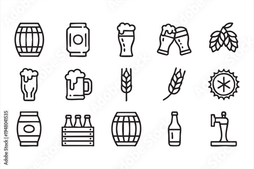 Brewery and craft beer outline icon set with beer glass bottle tap keg and hop ingredients