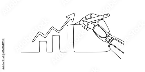 Continuous line drawing of a robotic hand sketching a rising financial growth chart and arrow