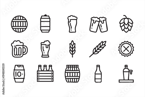 Beer brewing line icons set with mug bottle barrel hops wheat and draft beer tap symbols