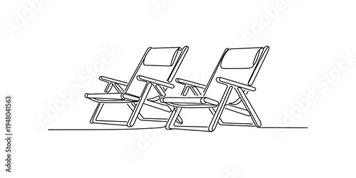 Continuous line drawing of two beach chairs or deck chairs for summer vacation and relaxation.