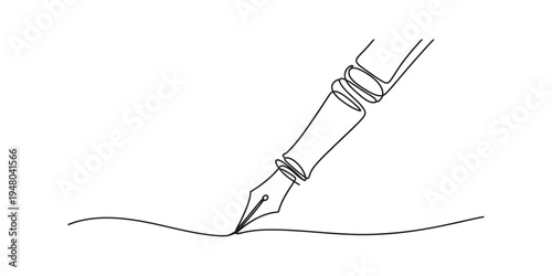 Continuous line drawing of a classic fountain pen nib writing a smooth stroke on white paper.