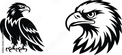 Eagle silhouette and eagle head mascot logo powerful bird of prey vector illustration wildlife symbol strong predator emblem design