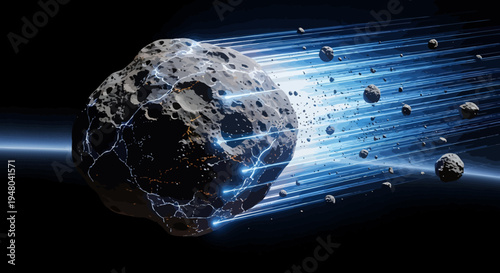 Dynamic illustration of a colossal asteroid in rapid disintegration, hurtling through the dark cosmos with brilliant streaks of blue energy and luminous fragments