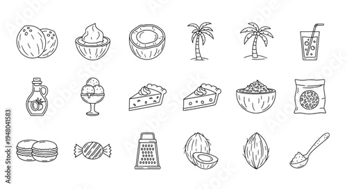 Coconut Food Line Icons Set Coconut Milk Oil Dessert Tropical Fruit Outline Vector Collection