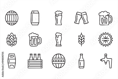 Beer beverage outline icon collection with pint glass bottle barrel tap and brewery elements