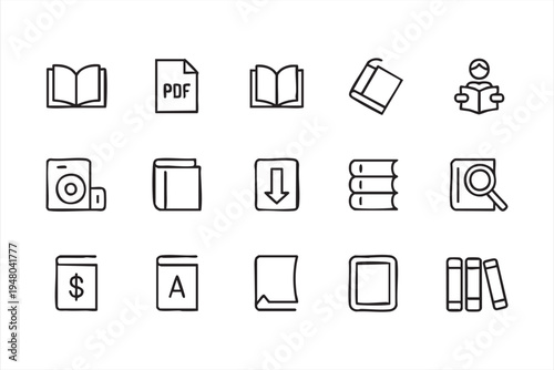 Reading education icon set with books pdf document library search and knowledge elements
