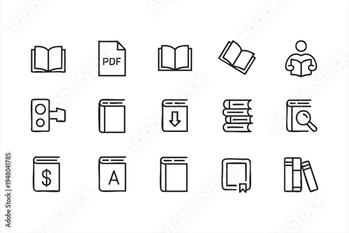 Library and literature line icons with open book ebook reader download file and textbook symbols