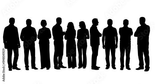 A diverse group of silhouettes of people standing in a line, showcasing a variety of ages and genders in black and white