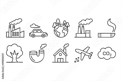 Climate change pollution line icons with factory chimney car exhaust airplane and environmental impact