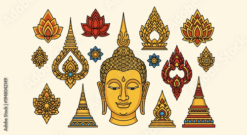 Serene Buddha Head Illustration Surrounded by Intricate Golden Thai Spiritual Ornaments, Sacred Lotus Flowers, and Traditional Pagodas, Symbolizing Asian Culture and Wisdom
