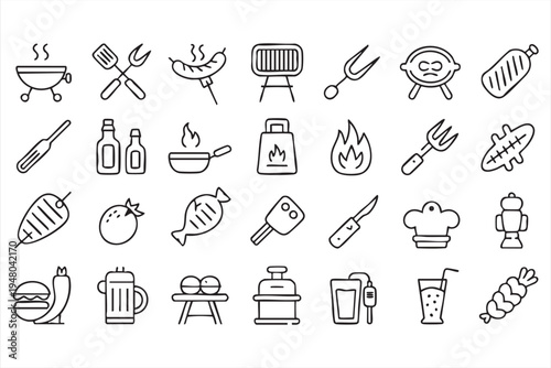 BBQ barbecue grill line icons set with sausage steak spatula fire sauce and outdoor cooking symbols