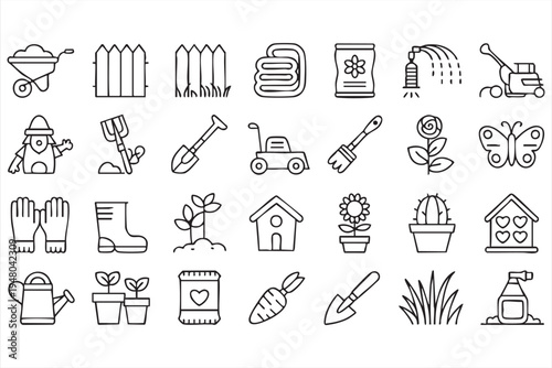 Garden tools outline icon collection with shovel rake watering can plants fence and lawn care