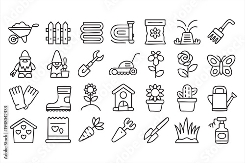 Gardening and landscaping line icons with lawn mower gloves shovel watering can and flowers