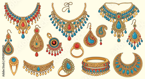An exquisite collection of traditional Indian jewelry, featuring necklaces, earrings, rings, and bangles adorned with vibrant gemstones and intricate gold work
