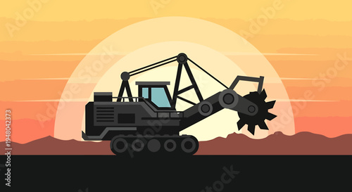 Heavy mining excavator with rotating cutting wheel against a setting sun, symbolizing industry and extraction processes in a desolate landscape