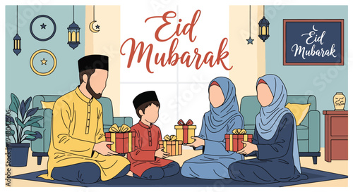 Joyful Muslim parents and children celebrate Eid al-Fitr at home, exchanging gifts and sweets with lantern and crescent decorations in a modern flat vector style