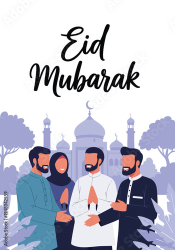 Diverse Muslim friends warmly greet each other during Eid celebration near a mosque silhouette, wearing traditional modest outfits in flat solid color vector style