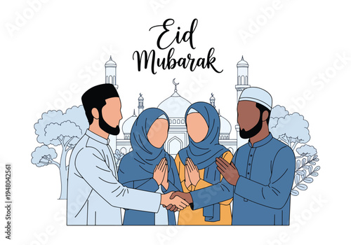 Diverse Muslim friends warmly greet each other during Eid celebration near a mosque silhouette, wearing traditional modest outfits in flat solid color vector style