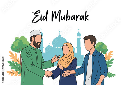 Diverse Muslim friends warmly greet each other during Eid celebration near a mosque silhouette, wearing traditional modest outfits in flat solid color vector style