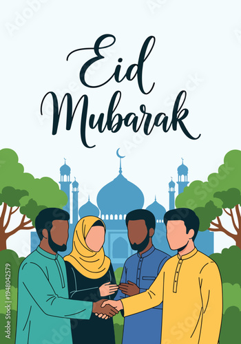 Diverse Muslim friends warmly greet each other during Eid celebration near a mosque silhouette, wearing traditional modest outfits in flat solid color vector style