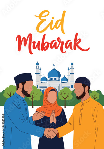 Diverse Muslim friends warmly greet each other during Eid celebration near a mosque silhouette, wearing traditional modest outfits in flat solid color vector style