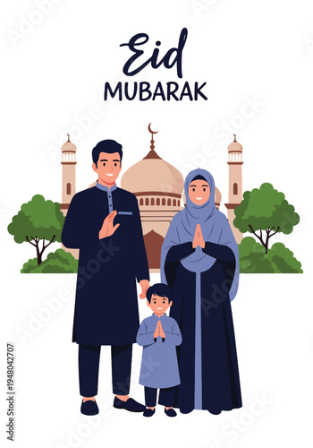 Joyful Muslim family in traditional modest outfits celebrating Eid al-Fitr together with mosque background, crescent moon, and festive lantern decorations in flat vector style
