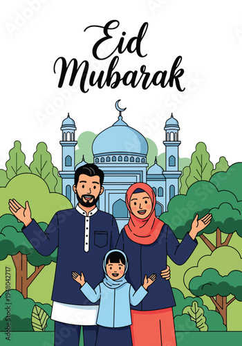 Joyful Muslim family in traditional modest outfits celebrating Eid al-Fitr together with mosque background, crescent moon, and festive lantern decorations in flat vector style