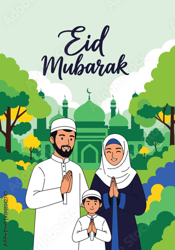 Joyful Muslim family in traditional modest outfits celebrating Eid al-Fitr together with mosque background, crescent moon, and festive lantern decorations in flat vector style